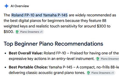 AI trying unsuccessfully to answer a piano shopping question